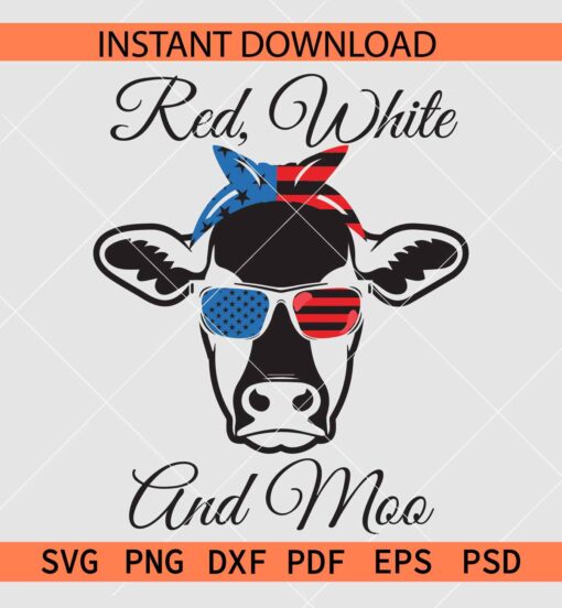 Red White and Moo SVG, Patriotic Cow Head SVG, July 4th Cow Head SVG