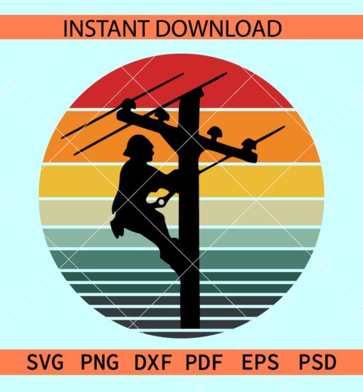 Retro Circle Line Man SVG, Electrician in retro sun SVG, Power Lineman SVG