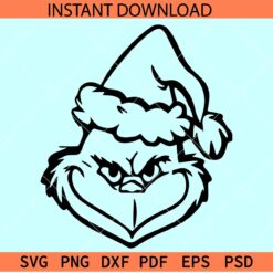 Santa Grinch Outline SVG, Grinch Face with Santa Hat SVG, Christmas Grinch Sketch SVG