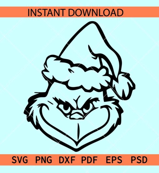 Santa Grinch Outline SVG, Grinch Face with Santa Hat SVG, Christmas Grinch Sketch SVG