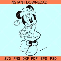 Santa Minnie Mouse Sketch SVG, Minnie Standing with Santa Hat Outline SVG, Christmas  Minnie SVG