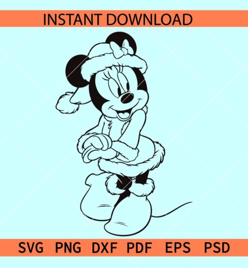 Santa Minnie Mouse Sketch SVG, Minnie Standing with Santa Hat Outline SVG, Christmas  Minnie SVG