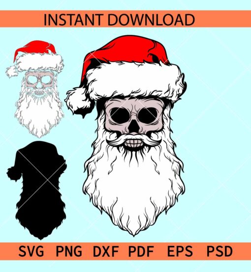 Santa Skull SVG, Skull with Santa Hat and Beards SVG, Christmas Skull SVG