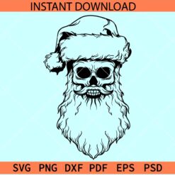 Santa Skull Sketch SVG, Skull with Santa Hat and Beards Line Art SVG, Christmas Skull Outline SVG