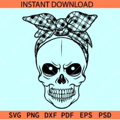Skull with plaid bandana SVG, Buffalo Plaid Skull SVG, Happy Skull SVG