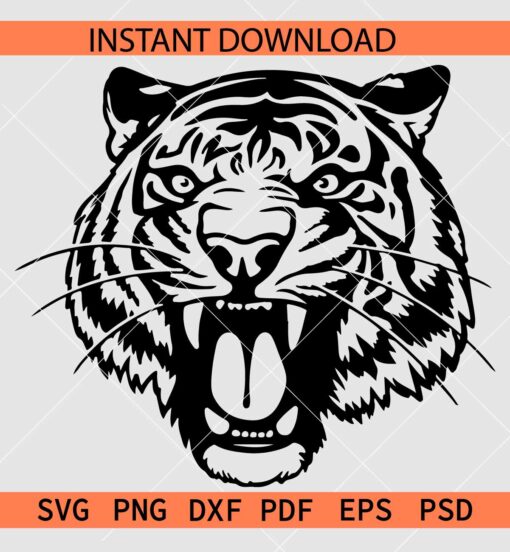 Tiger Head Vector SVG, Roaring Tiger Clipart SVG, Tiger Head Stencil SVG