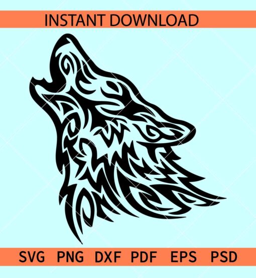 Tribal Hauling Wolf SVG, Hauling Wolf Head Vector SVG, Wolf Head Silhouette SVG