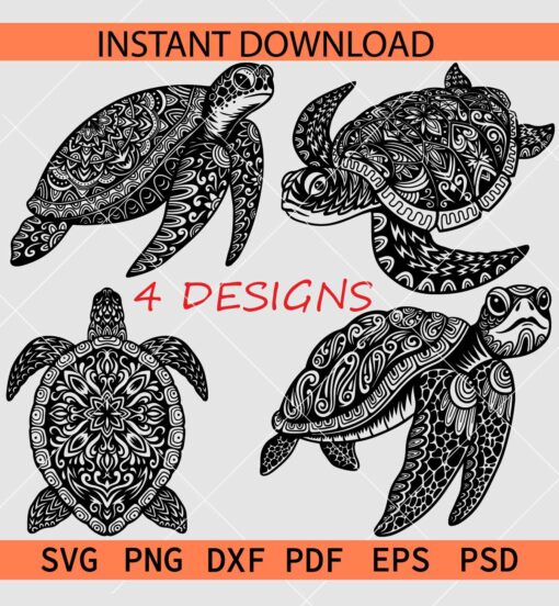 Turtle mandala Bundle SVG, Zentangle Turtle Bundle SVG, Turtle Silhouette SVG Bundle