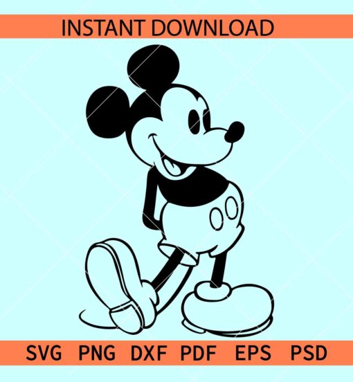 Vintage Mickey Bending Backwards Sketch SVG, Happy Mickey Mouse Outline SVG, Standing Disney SVG