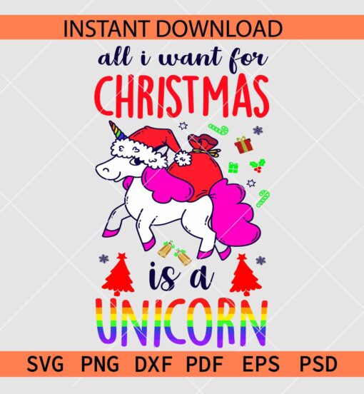 All I want for a Christmas is a unicorn SVG, Baby Unicorn with Santa Hat SVG