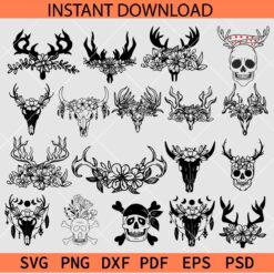 Animal Skull Bundle SVG, Animal Skull with Horns Flowers SVG