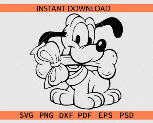 Baby Pluto Biting Bone Line Art SVG, Baby Pluto Biting Bone Coloring Page SVG