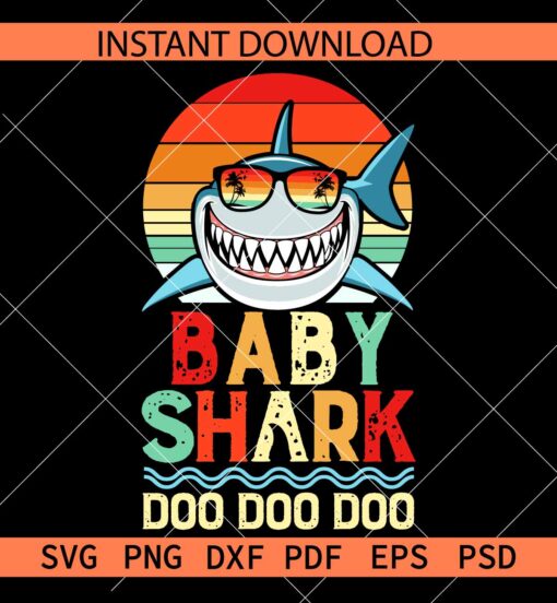 Baby shark Retro Circle SVG, Shark with Summer Sunglasses Vector SVG