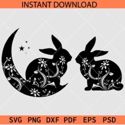 Celestial Easter Bunnies SVG, Floral Easter Bunnies Silhouette SVG