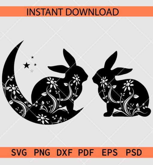 Celestial Easter Bunnies SVG, Floral Easter Bunnies Silhouette SVG