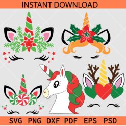Christmas Unicorn Bundle SVG, Mint Candy Unicorn SVG, Mistletoe Unicorn SVG