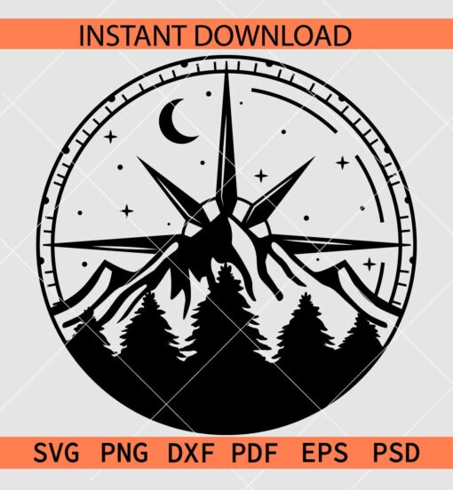 Compass with mountain SVG, Night Scene Mountain Compass SVG
