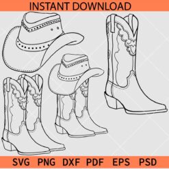 Cowboy hat and Boot Line Art Bundle SVG, Cowgirl hat and Boot Bundle SVG