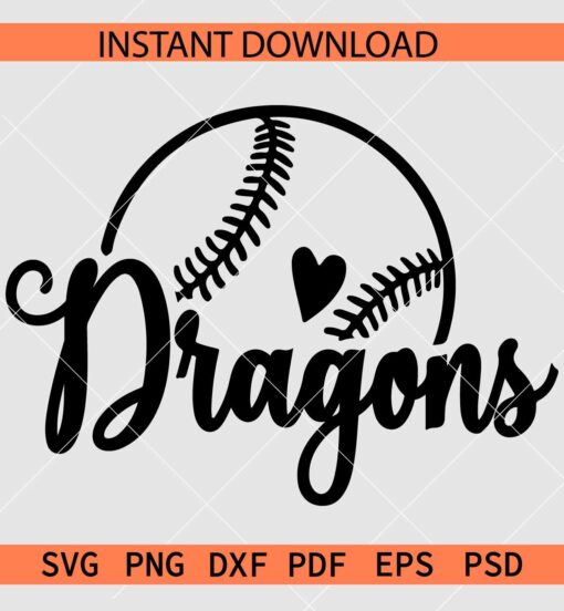 Dragons Baseball Ball Drawing Heart SVG, Dragons Baseball Ball Sketch SVG, Team Dragons SVG