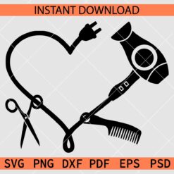 Drier Comb Scissors Love Symbol Vector SVG, Hair dresser Tools Heart Décor SVG