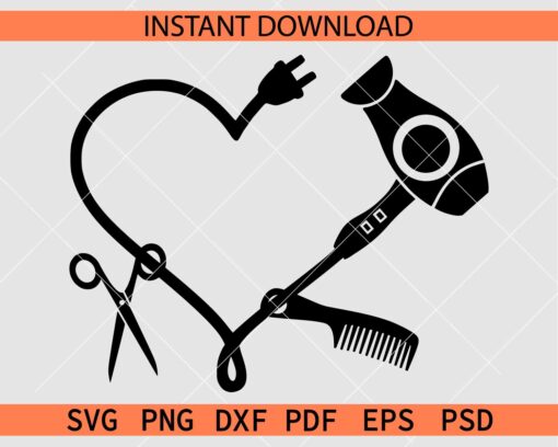 Drier Comb Scissors Love Symbol Vector SVG, Hair dresser Tools Heart Décor SVG