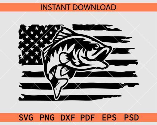 Fishing flag SVG, Fish Inside USA Flag SVG, Distressed US Flag with Fish SVG