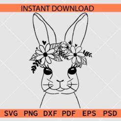 Floral Bunny Head Sketch SVG, Bunny Head Flowers Stencil SVG