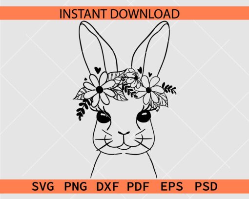 Floral Bunny Head Sketch SVG, Bunny Head Flowers Stencil SVG