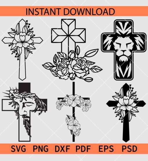 Floral Cross Bundle SVG, Easter Cross Bundle SVG, Cross Flowers Bundle Silhouette SVG