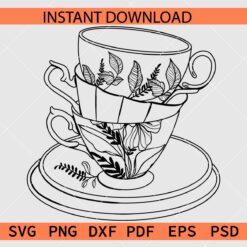 Floral Cup Sketch SVG, Stacked Cups with Flowers Drawing SVG