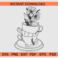 Floral Cup Stacked Vector SVG, Stacked Cups Flowers Stencil SVG