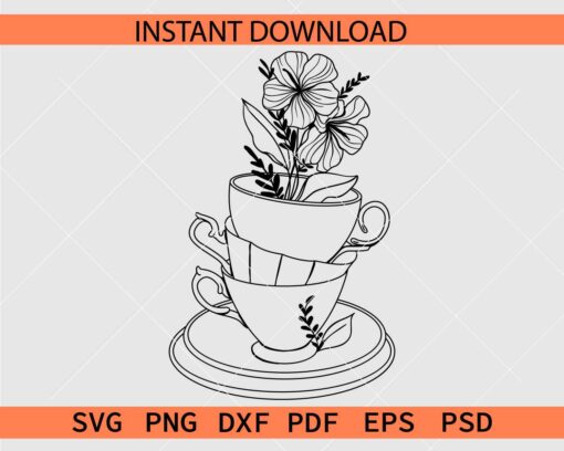 Floral Cup Stacked Vector SVG, Stacked Cups Flowers Stencil SVG