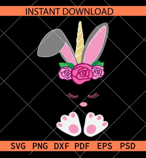 Floral Easter Unicorn SVG, Unicorn with Bunny Ears and feet SVG