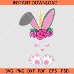 Floral Easter Unicorn SVG, Unicorn with Bunny Ears and feet SVG