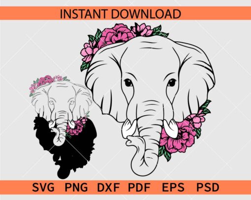 Floral Elephant Head Vector SVG, Elephant Head Colored Flowers Stencil SVG