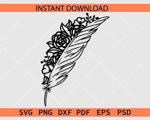 Floral Feather Vector SVG, Feather Flowers Stencil SVG
