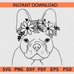 Floral French Bulldog Head Vector SVG, French Bulldog Head with Flowers Stencil SVG