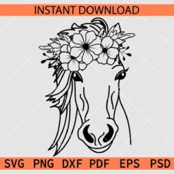 Floral Horse Head Sketch SVG, Horse Head with Flower Crown Vector SVG