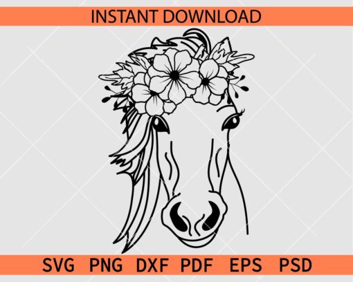 Floral Horse Head Sketch SVG, Horse Head with Flower Crown Vector SVG