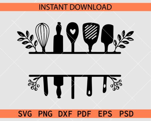 Floral Kitchen utensils Split Monogram SVG