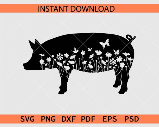 Floral Pig Silhouette SVG, Floral Pig Vector SVG, Floral Pig Décor SVG