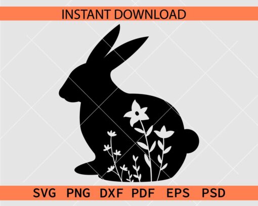 Floral Rabbit Silhouette SVG, Floral Bunny Vector SVG