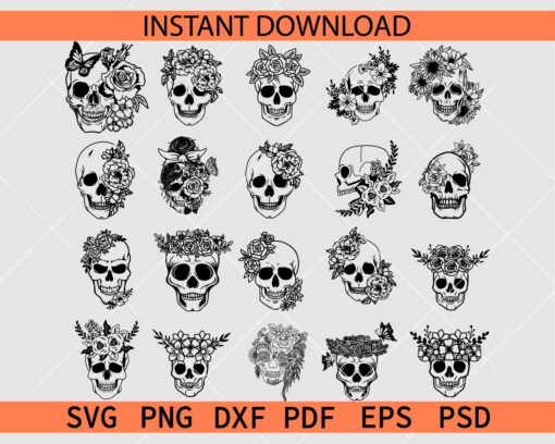 Floral Skull Bundle SVG, Halloween Floral Skull SVG Bundle