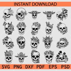 Floral Skull Bundle Stencil SVG, Skull with Flowers Bundle Décor SVG