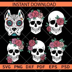 Floral Skull Bundle for black background SVG, Halloween Skull Flowers Bundle SVG