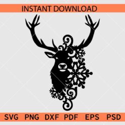 Floral Snowflakes Buck Silhouette SVG, Floral Deer with Snowflakes Silhouette SVG