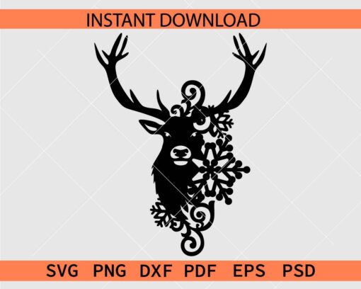 Floral Snowflakes Buck Silhouette SVG, Floral Deer with Snowflakes Silhouette SVG