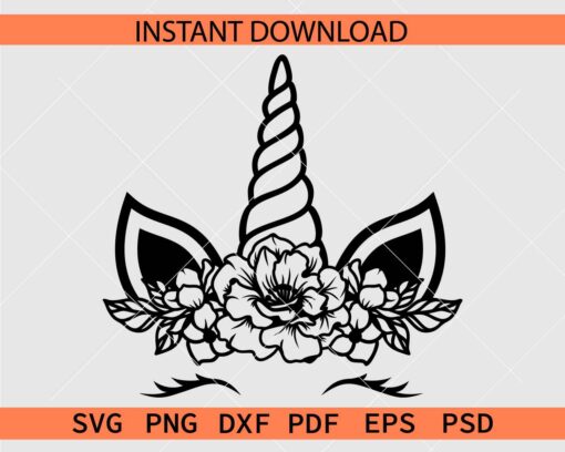 Floral Unicorn Silhouette SVG, Unicorn Flowers eyelashes Stencil SVG