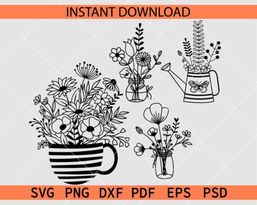 Floral Vase Bundle Stencil SVG, Flower Jars Bundle SVG