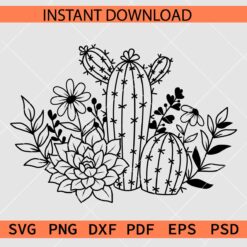 Floral cactus Drawing Vector SVG, Cactus Flowers Stencil SVG